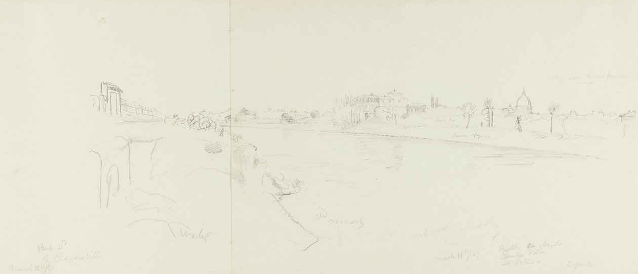 Landscape View of Rome from the Banks of the Tiber River, with Distant Views of the Castle Sant