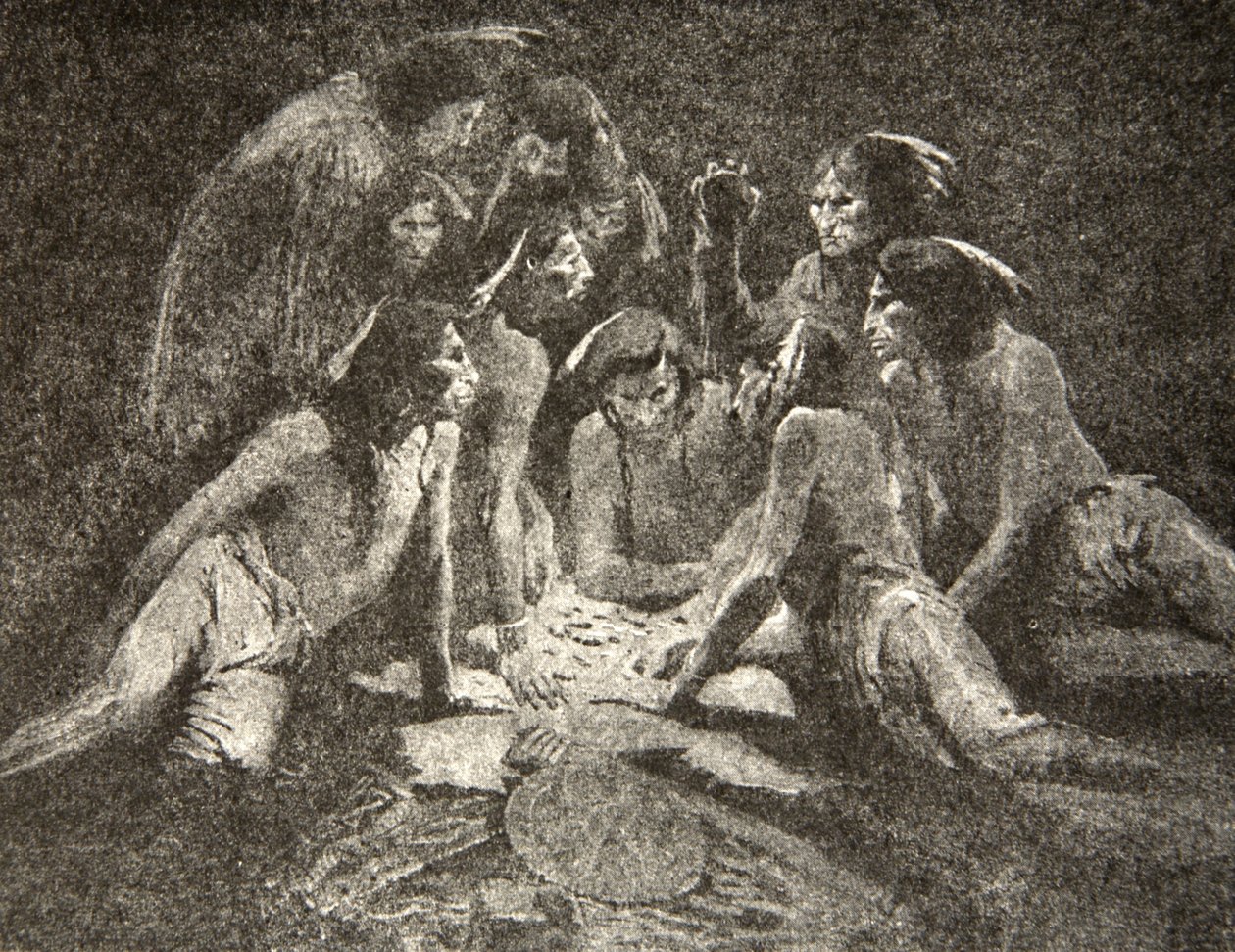 All the old men and the young men... Played till midnight, played till morning, from The Song of Hiawatha by Henry Wadsworth Longfellow, pub. by George G. Harrap und Company Ltd., 1911 by Frederic Remington