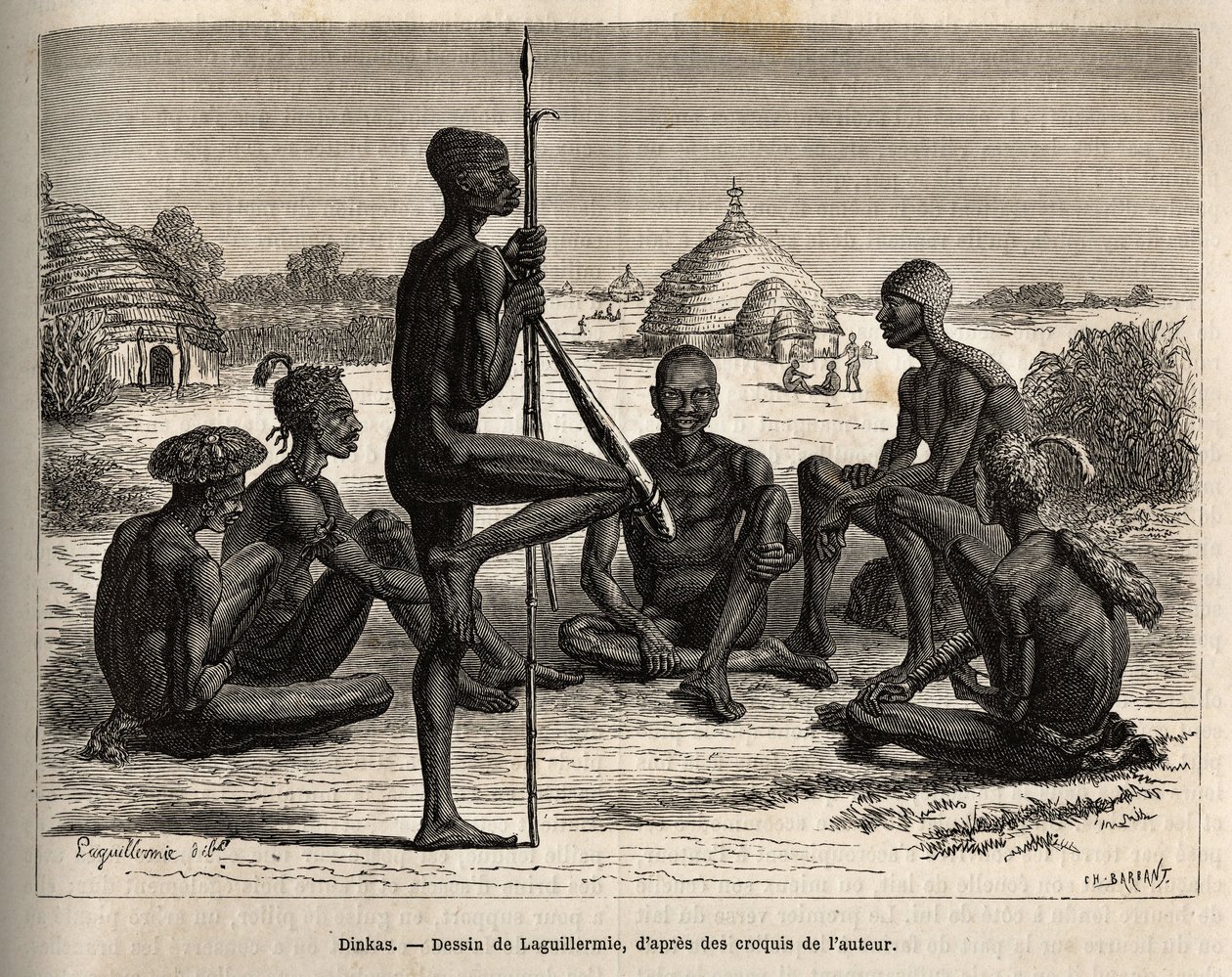 Dinkas from the village of Koudj (Senegal), whose body covered with ashes, to protect them from insects and parasites is also a cosmetic and social feature, engraved after Laguillermie