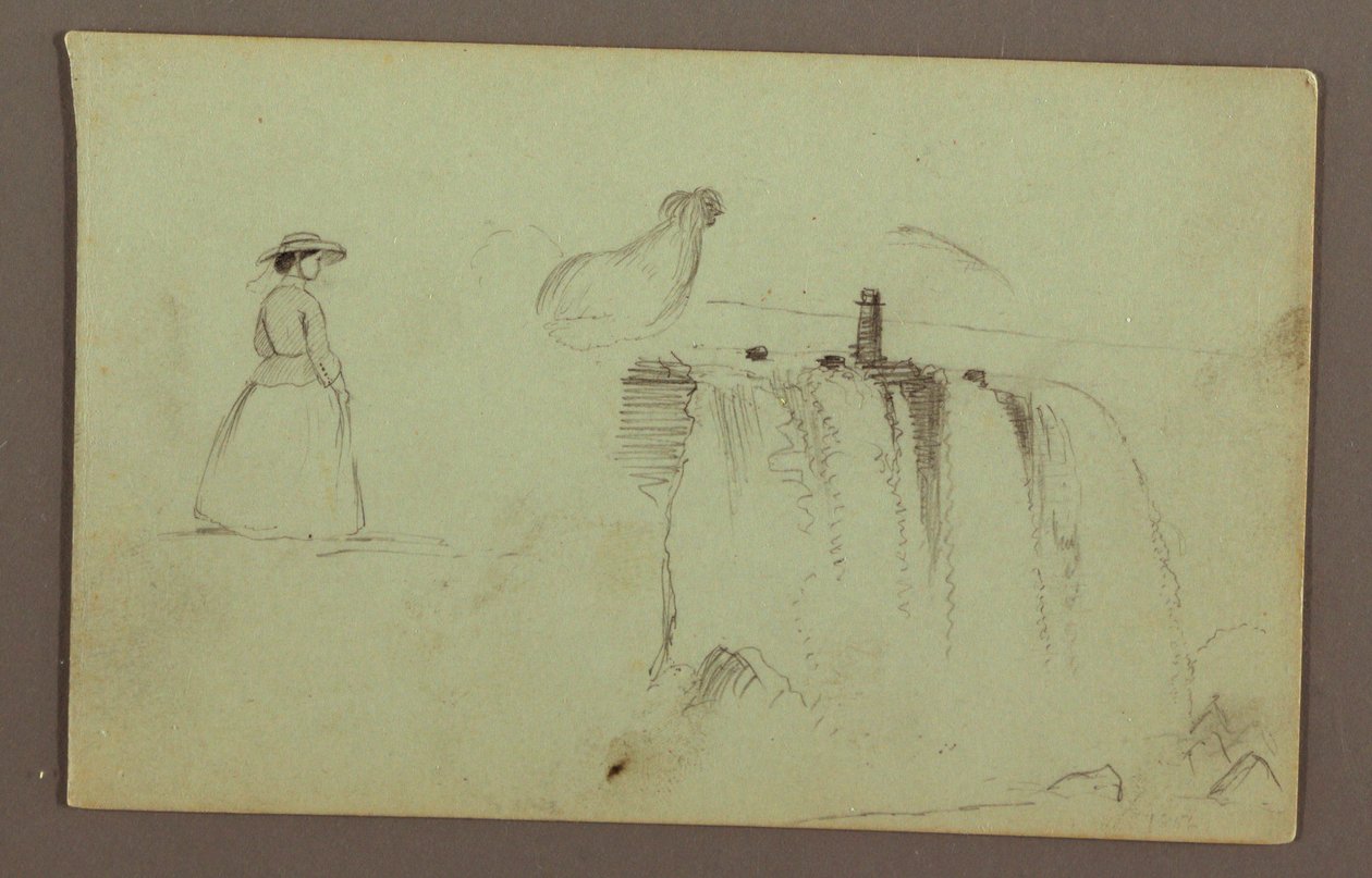 A Walking Girl, a Crouching Chicken, and the American Falls on Niagara River, possibly 1856 by Frederic Edwin Church