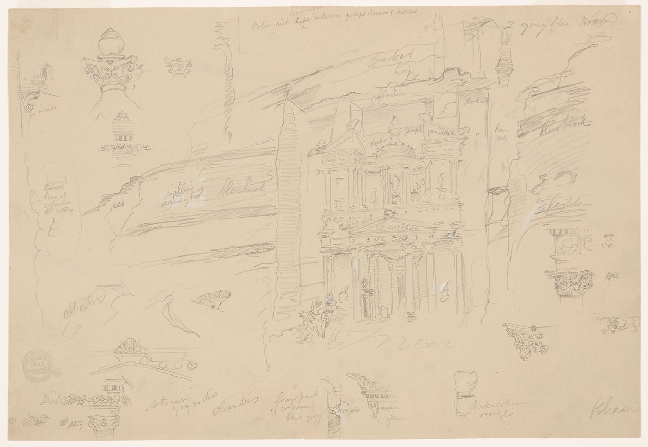 Architectural Details of El Khasneh, Petra, late February 1868 by Frederic Edwin Church