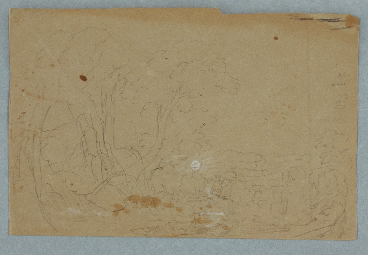 Cloudy sky over hilly landscape; Verso: Full moon reflected in a brook, 1845–50 by Frederic Edwin Church