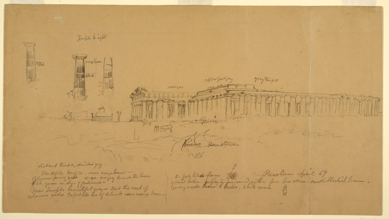 Doric Greek Temples of Athena (formerly Ceres), Hera II (formerly Neptune), and Hera I (formerly Basilica), Paestum, Salerno, Italy, April 1869 by Frederic Edwin Church