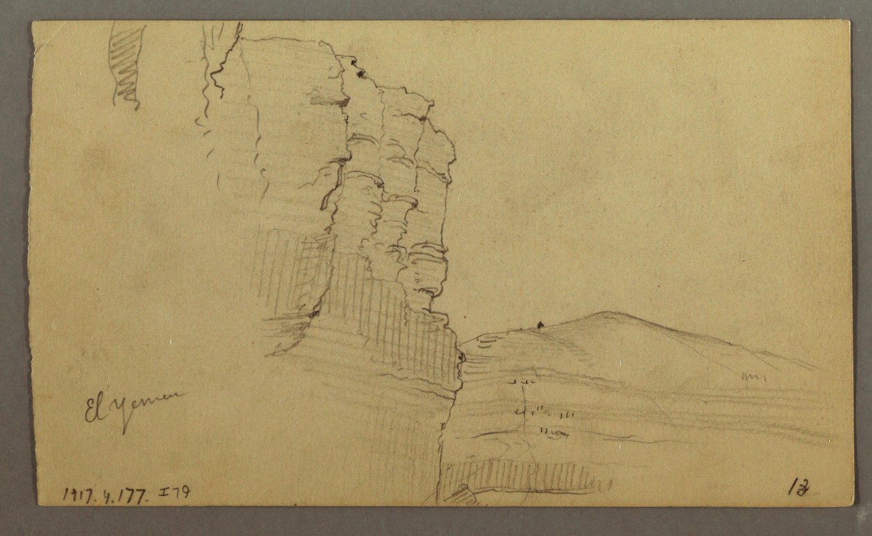 El Yemen Valley, Arabia: Rock Wall with the Upper Part Resembling a Row of Columns, February 20, 1868 by Frederic Edwin Church