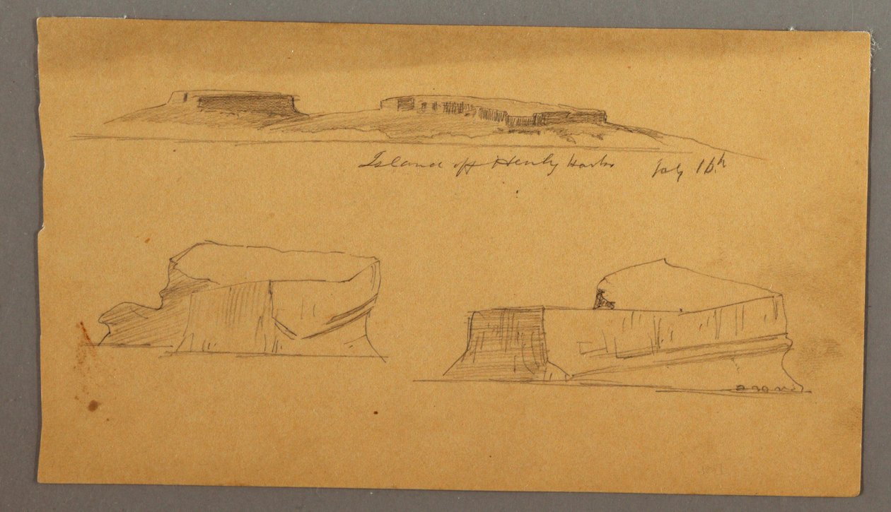 Island off Henly Harbor and Two Floating Icebergs, July 16, 1859 by Frederic Edwin Church