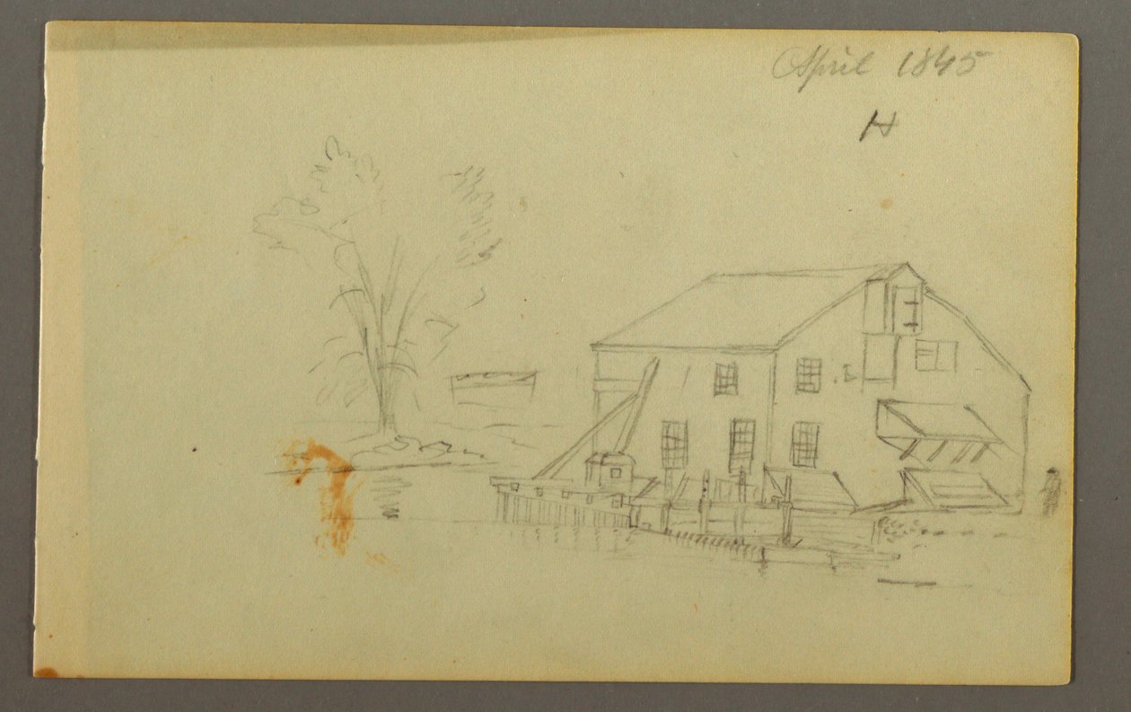 Loft building with wharf beside a stream, 1845 by Frederic Edwin Church