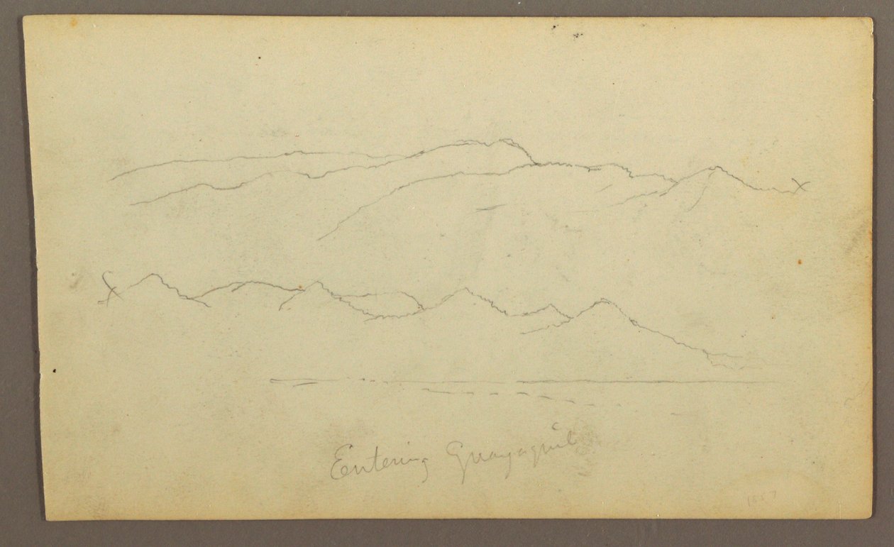 Mountain Ranges "entering Guayaquil"; Verso: River Bank, Botanical Sketches, possibly 1857 by Frederic Edwin Church