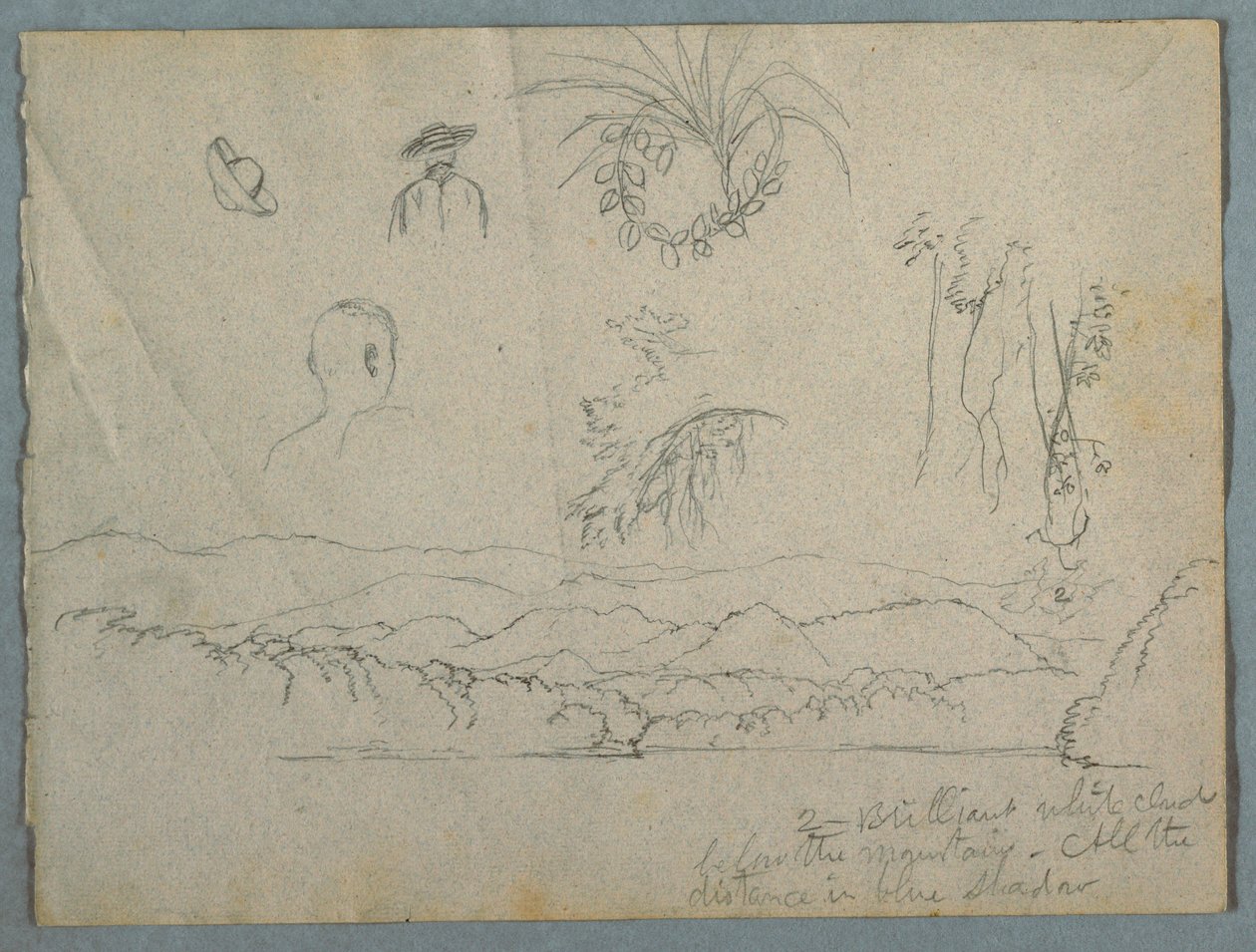 River Bank with Mountains and Clouds, Three Botanical Sketches and Busts Studies of Men with Hats, 1853 by Frederic Edwin Church