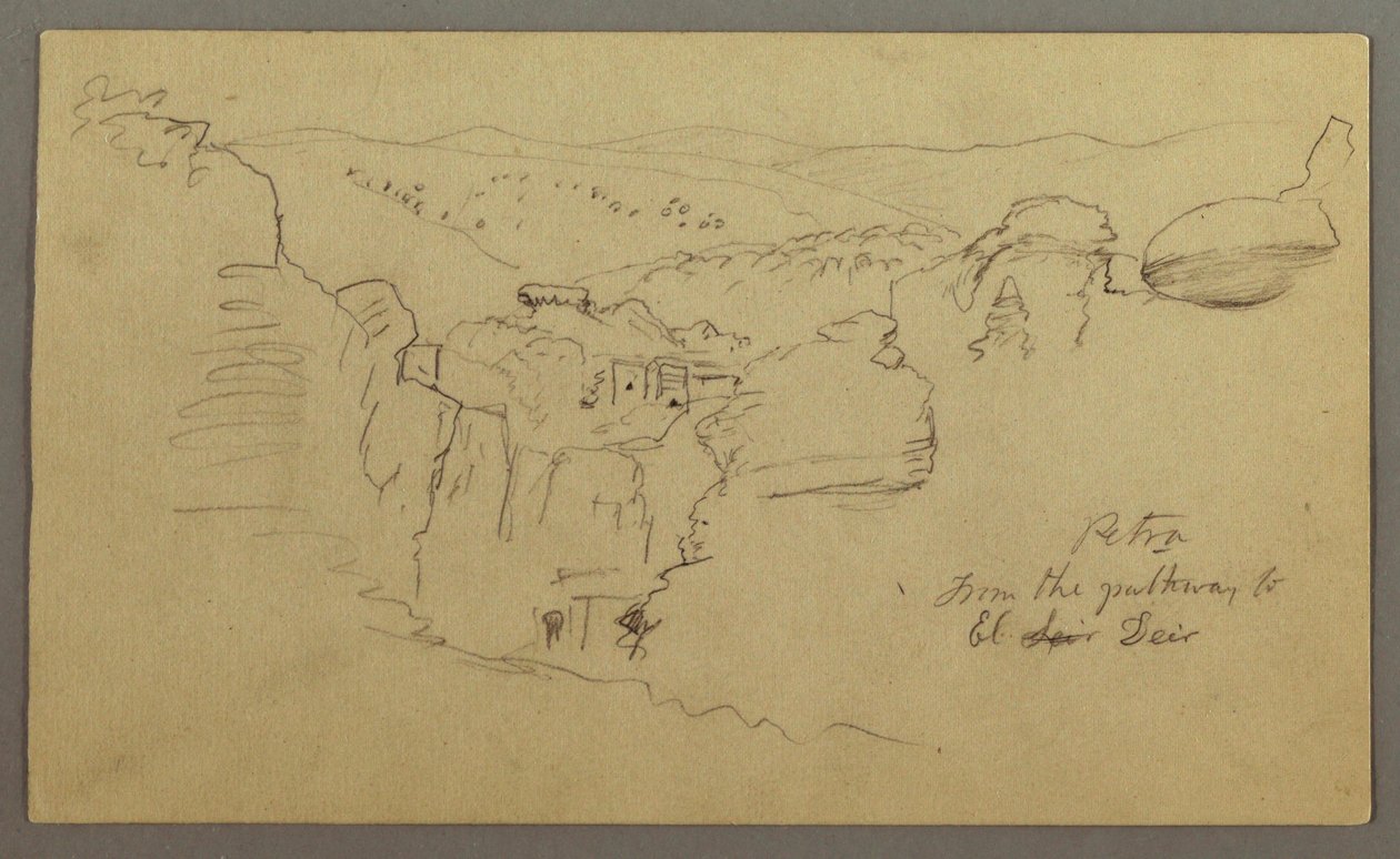 Sketch. View of Khirbet en Wasara "Petra / from the pathway to / El Deir", possibly February 26, 1868 by Frederic Edwin Church