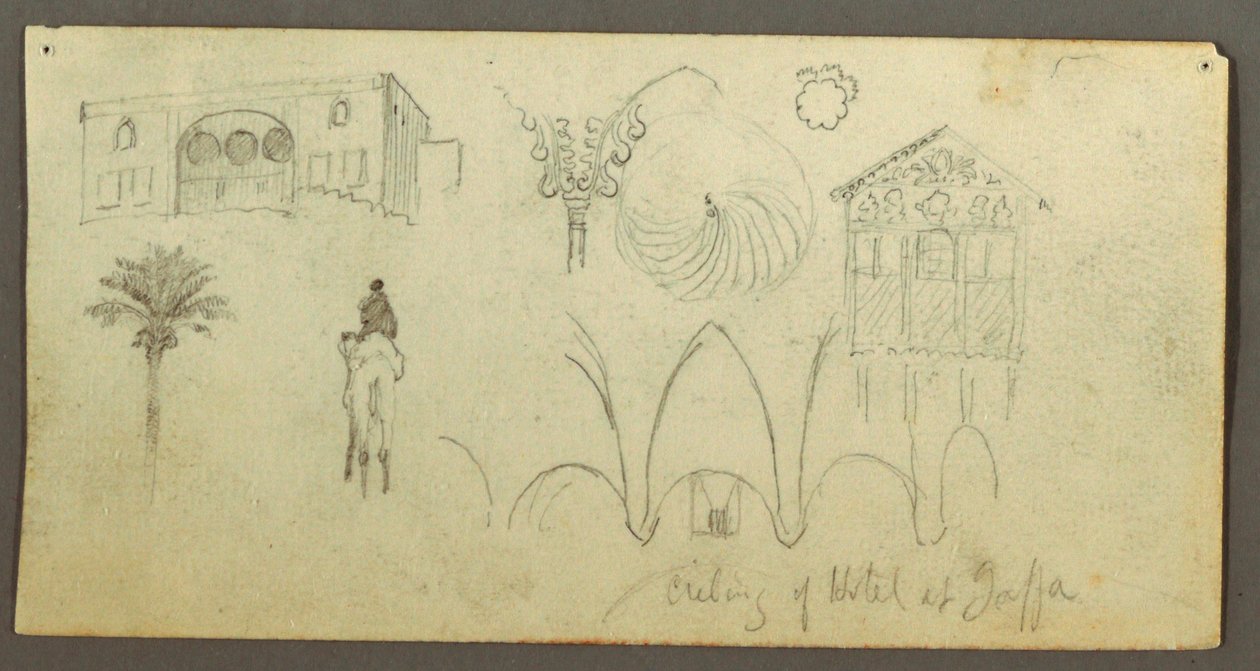 Stately Home, Figure Riding Camel, Architectural Studies, Palm Tree, possibly 1868 by Frederic Edwin Church
