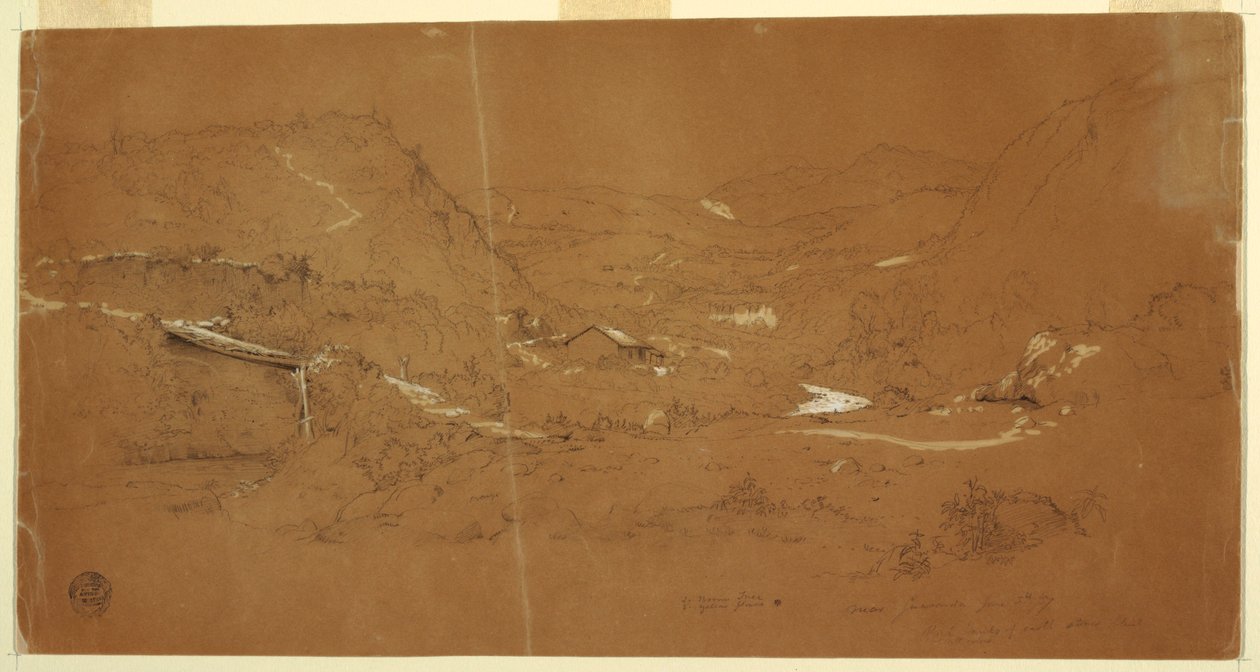 Valley with a Bridge and Houses, near Guaranda, Ecuador, June 5, 1857 by Frederic Edwin Church