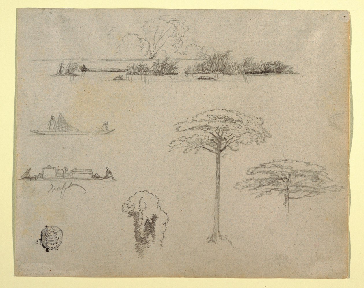 Sketches from Colombia: River Landscape, Men on Rafts, and Trees by Frederic Edwin Church