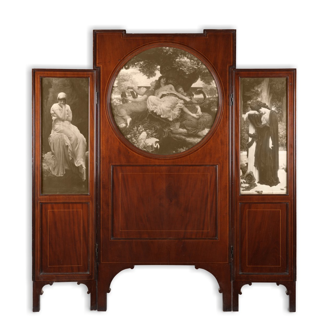 Mahogany Three-Fold Screen with Print Inlays by Frederic Leighton