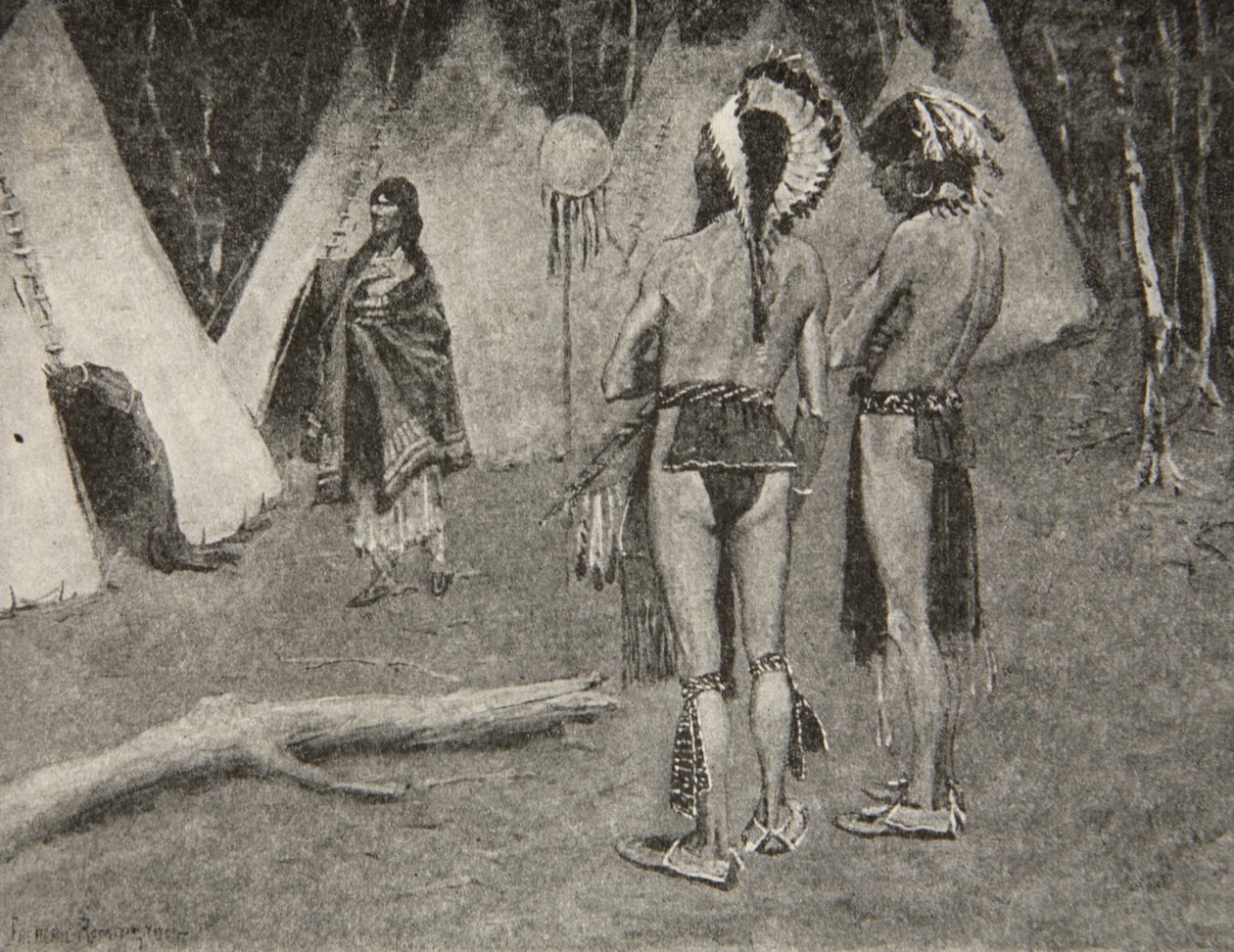 And her lovers, the rejected,... Handsome men with paint and feathers, from The Song of Hiawatha by Henry Wadsworth Longfellow, published by George G. Harrap and Company Ltd., 1911 by Frederic Remington