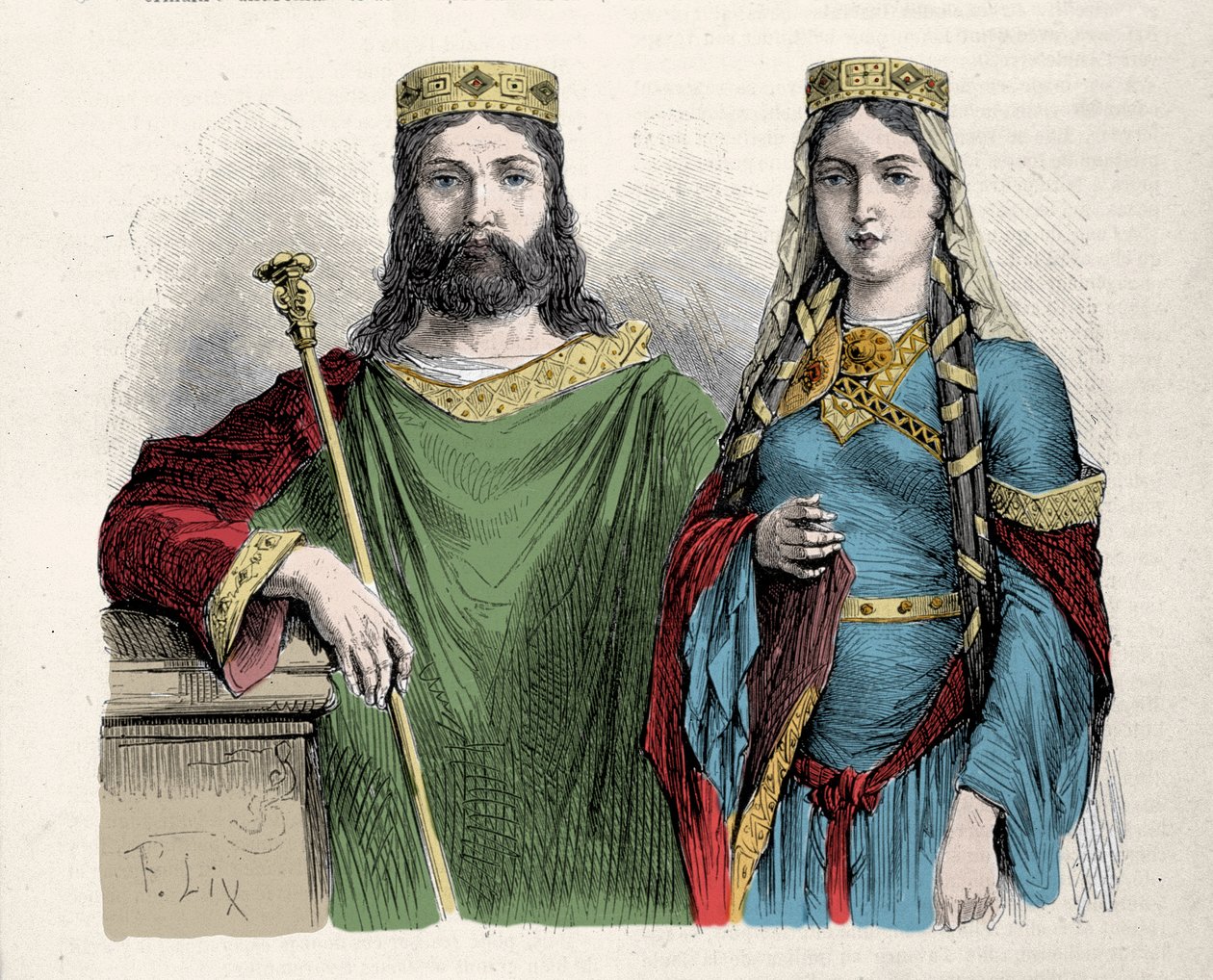 Clovis (481-511) king of the Franks with his second wife Saint Clotilde (Clothilde) queen. Engraving by Lix. by Frederic Theodore Lix