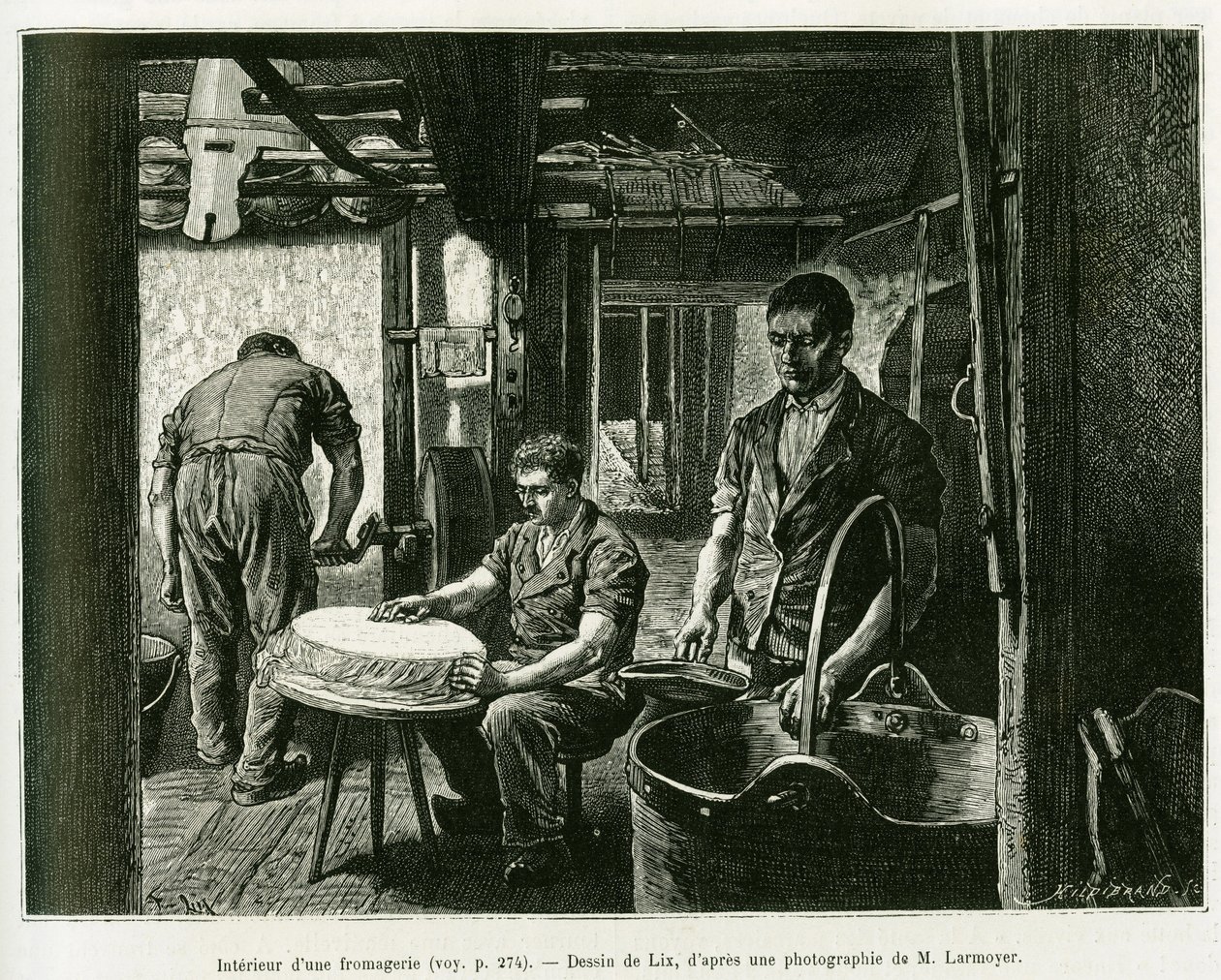 Inside a cheese factory. Engraving by Lix, to illustrate the story 