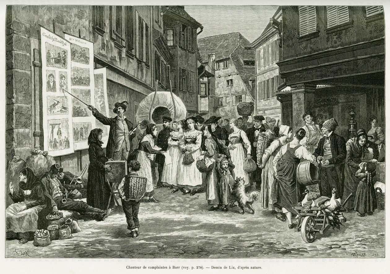 Lament singer in the streets of Barr. Engraving by Lix, to illustrate the story 