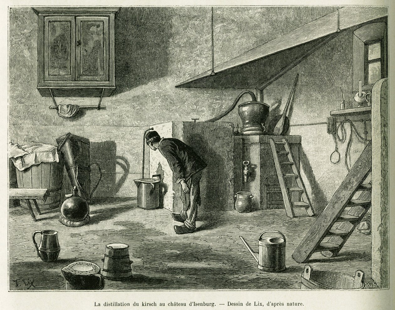 The distillation of the kirsch at the castle of Isenburg. Engraving to illustrate the story A Through Alsace and Lorraine, in 1887, by Charles Grad, in the tour du monde 1888, directed by Edouard Charton, Hachette, Paris. by Frederic Theodore Lix