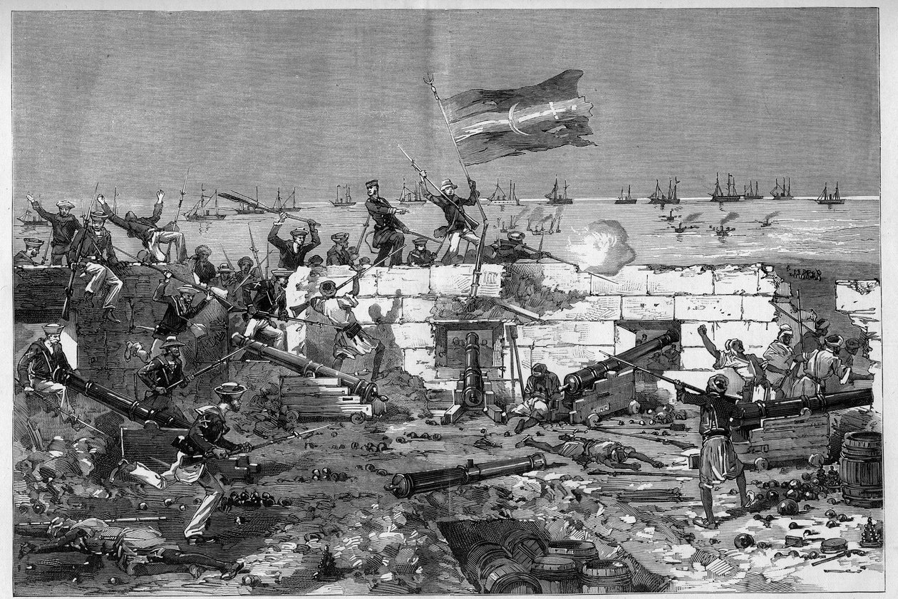 Tunisia, July 1881: French troops took the city of Stax following the revolt of the inhabitants against the French protectorate of Tunisia. Marine rifles take off the circular battery. Engraving by De Haenen in 