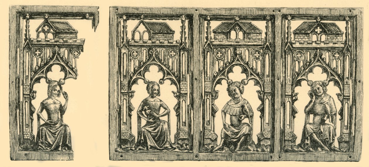 Knights and Ladies Seated under Canopies, Pierced Ivory Panel by Frederick Albert Slocombe