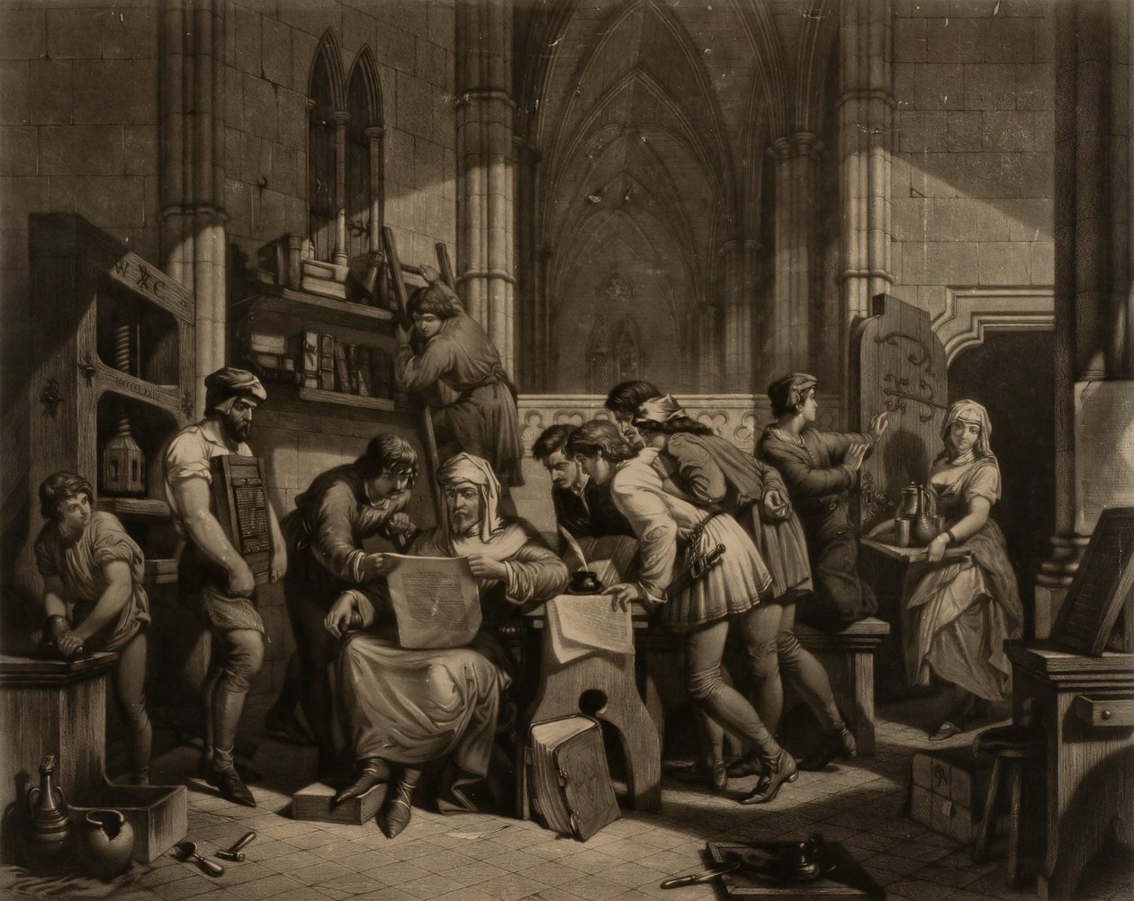 William Caxton Examining First Proof Sheet from His Printing Press in Westminster Abbey, A.D. 1474 by Frederick Bacon
