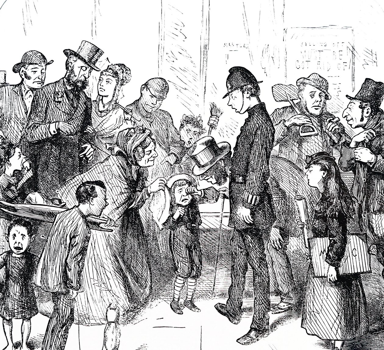 A policeman and passers-by trying to help a lost child by Frederick Barnard