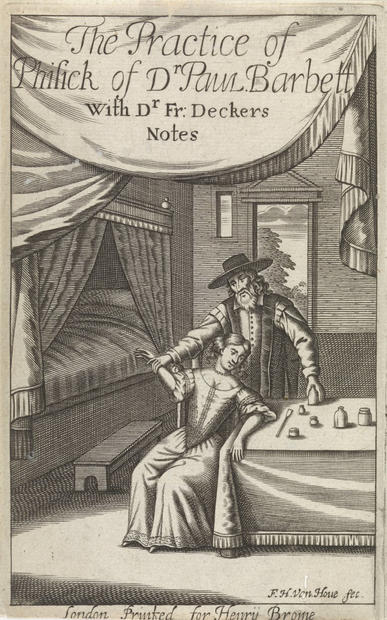 Doctor with Young Woman in an Interior (Title Page for: Dekkers, F., The Practice of Phisick of Dr. Paul Barbett) by Frederick Hendrick van den Hove