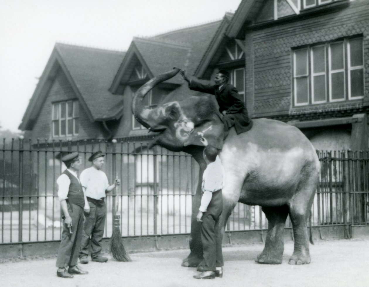 A decorated Indian Elephant with three keepers and trainer outside the Elephant House at London Zoo in 1927 by Frederick William Bond