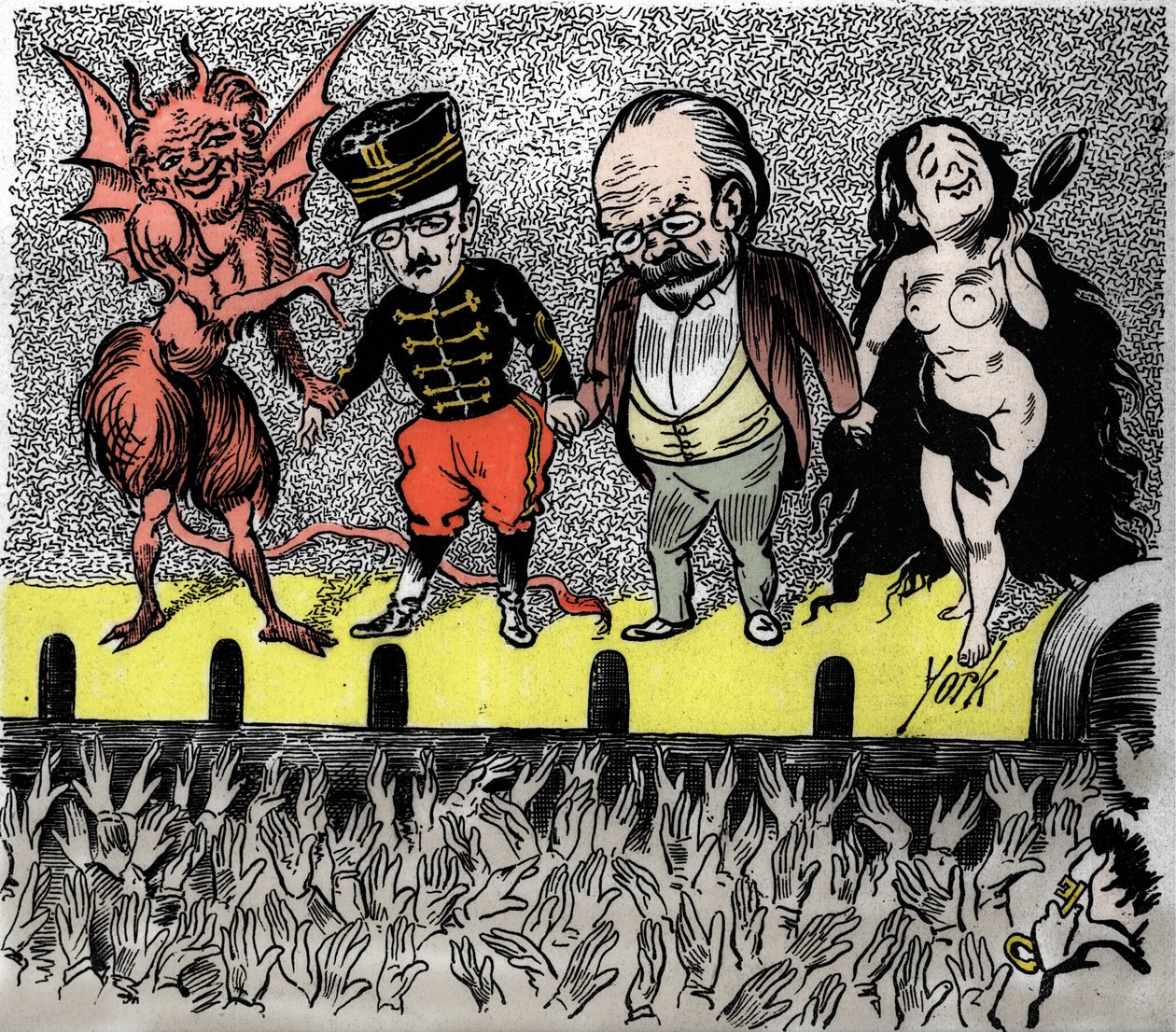 Rehabilitation of Dreyfus: the conclusion, the protagonists are applauded by the audience. From left to right, the devil who led the case, Captain Alfred Dreyfus, Emile Zola and the Nude True. York satirical vignette. by Frederick York