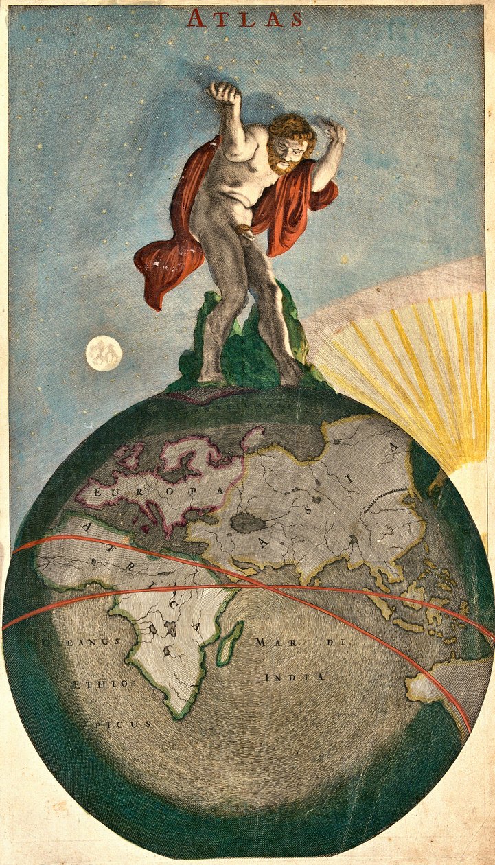 Atlas supporting the Celestial vault, levering on Earth by Frederick de Wit
