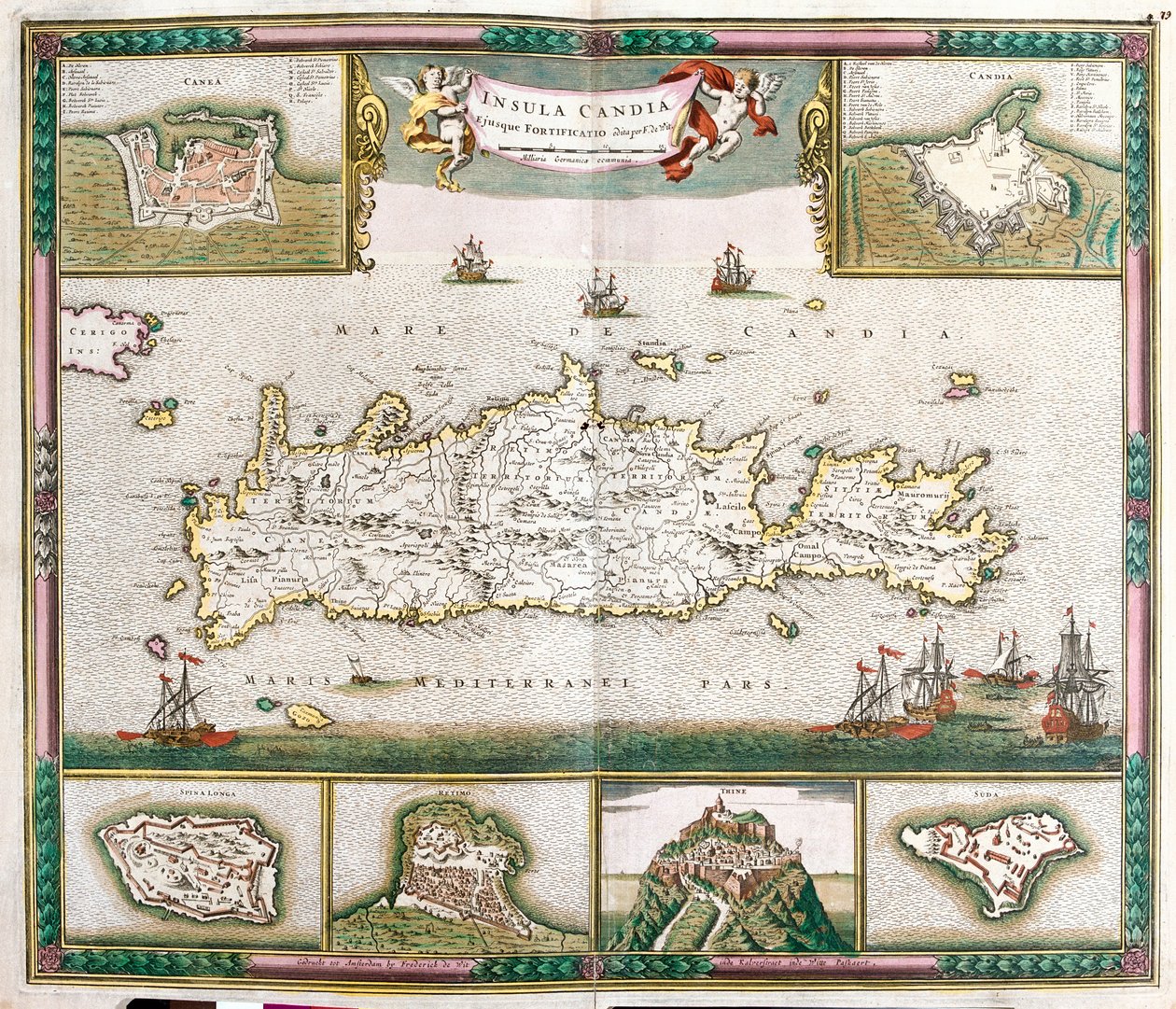 Map of the Island of Crete, with Views of the Fortified Towns La Cane and Heraklion and the Fortresses of Spinalonga, Retino, Thine and Souda by Frederick de Wit