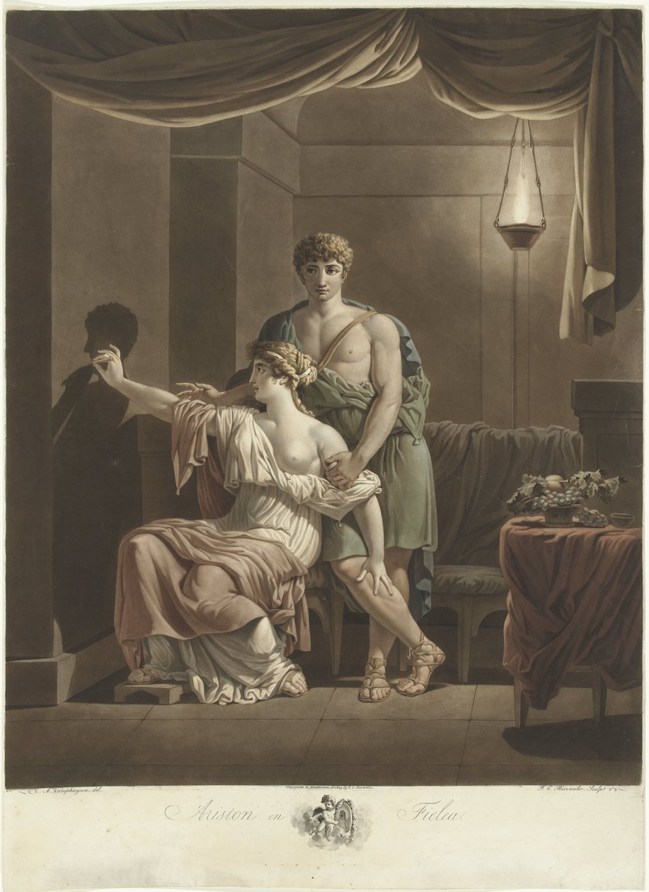 Philea drawing the portrait of her beloved Ariston using the shadow of his profile on the wall by Frederik Christiaan Bierweiler