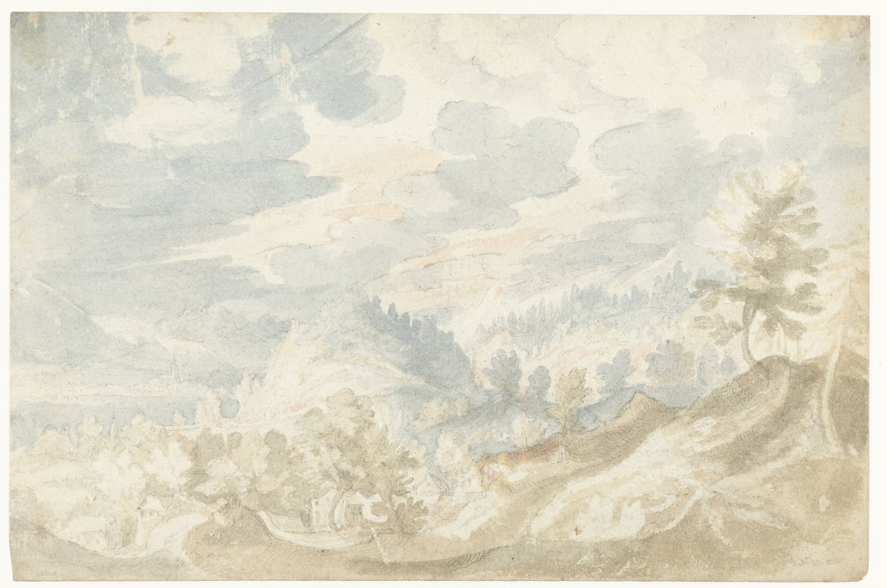 Mountain Landscape with a View of a Valley (Possibly the Danube) and a Church Tower by Frederik van Valckenborch