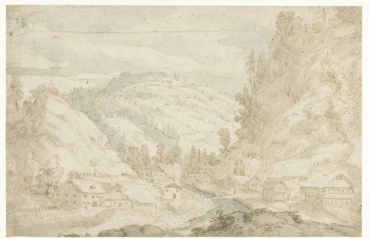 View of a Valley with a Village and a Mountain Stream (Sketchbook, Series Title) by Frederik van Valckenborch