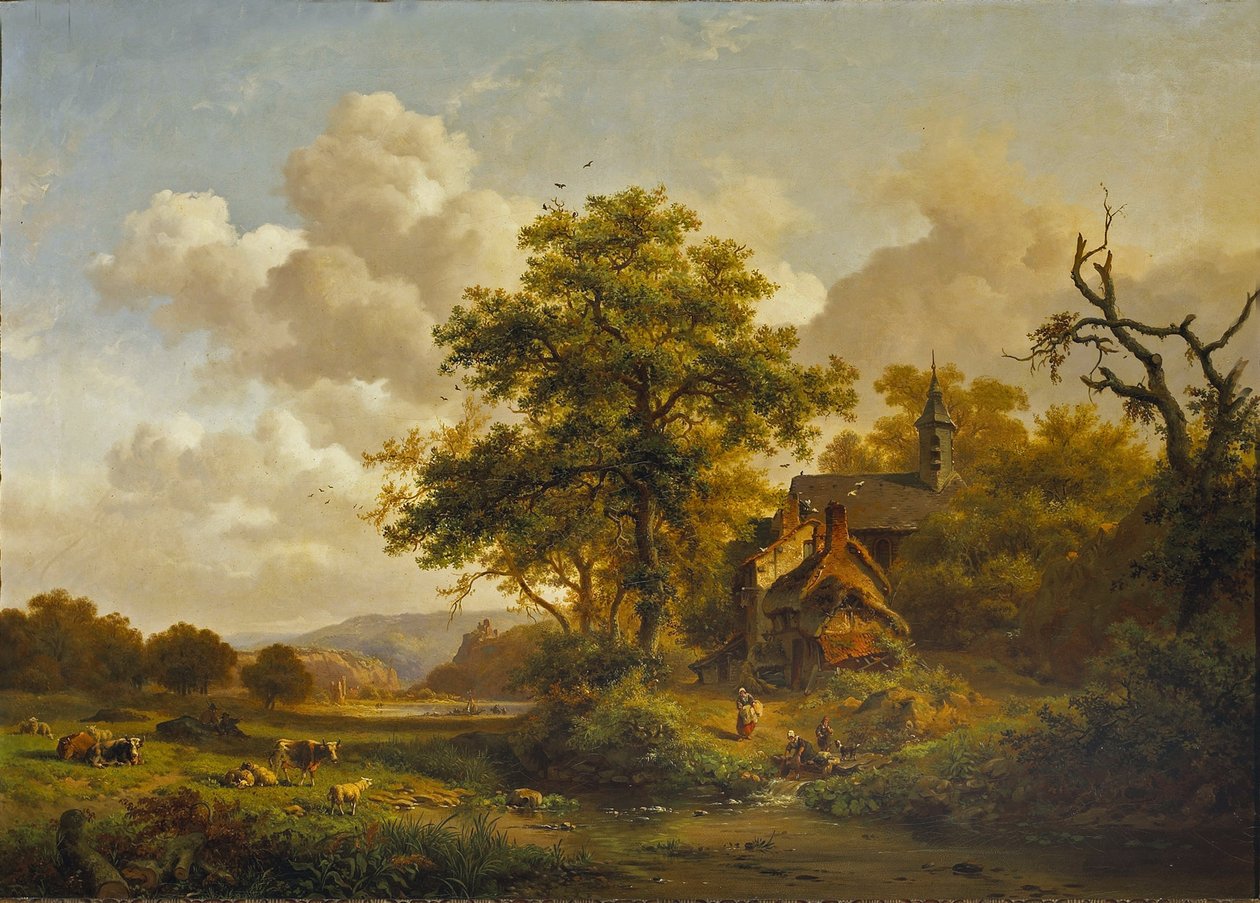 A Tranquil Landscape with Women Washing by a Stream and Cattle and Sheep Resting by Fredrik Marinus Kruseman