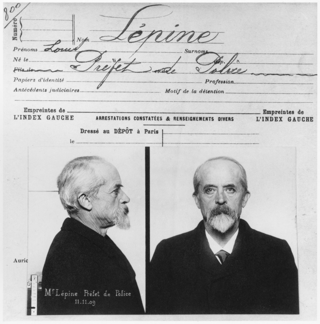 Anthropometrical police record of Louis Jean-Baptiste Lepine, Prefet de police, 11th November 1909 by French Photographer