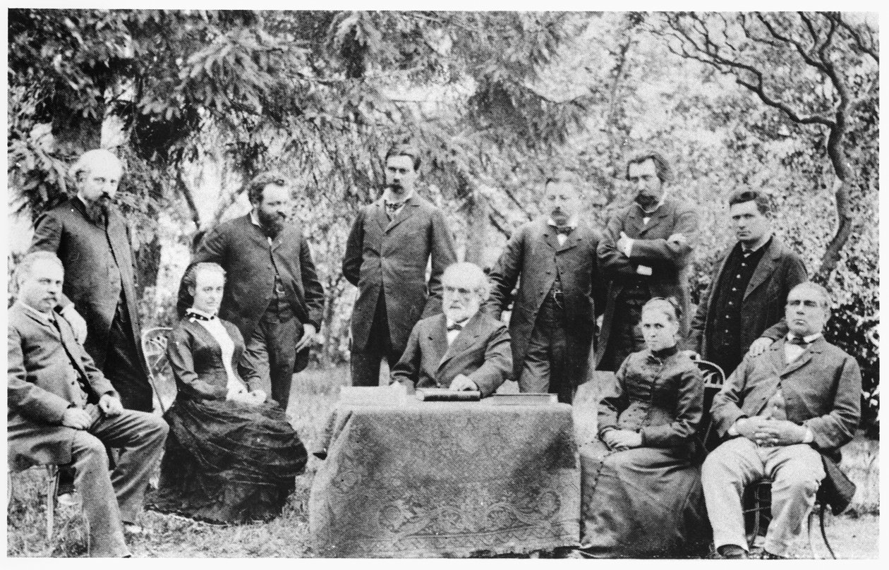 Jean-Baptiste Andre Godin together with the members of the first meeting managing the Guise Familistery, 1885 by French Photographer