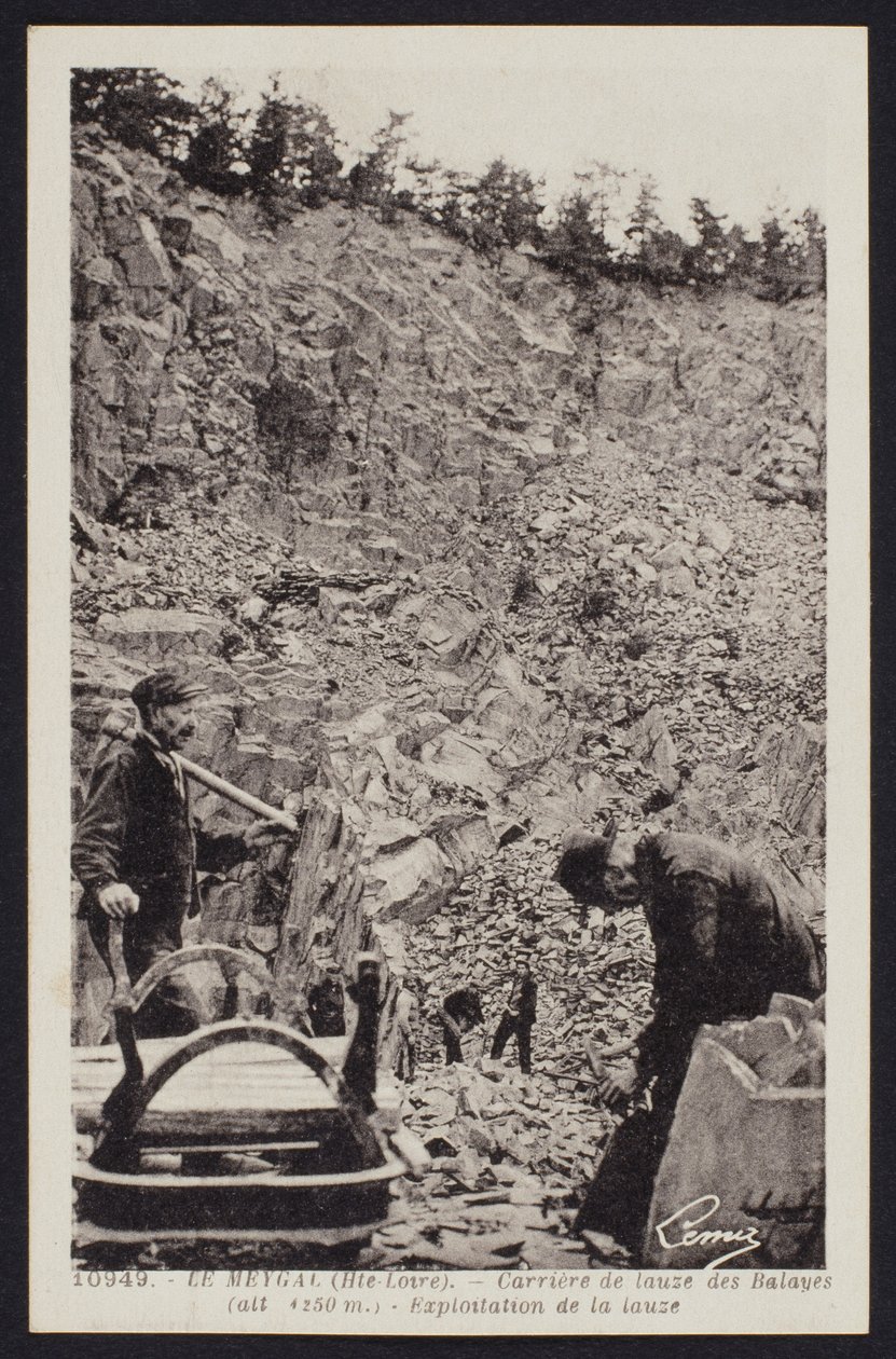 Flagstone Quarry Workers in Le Meygal, Balayes, Haute-Loire, c.1900 by French Photographer