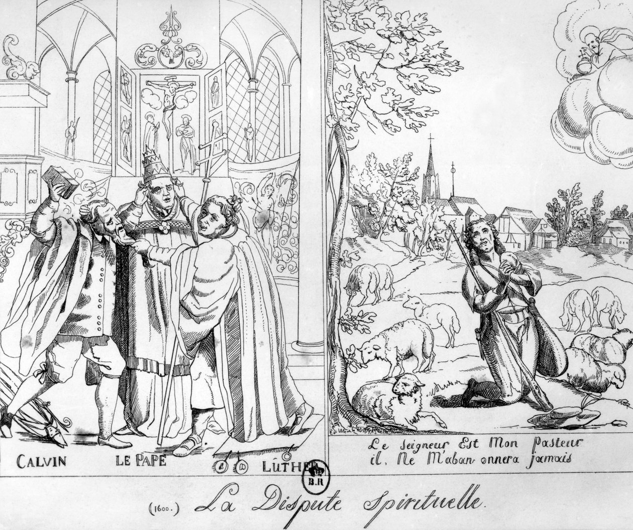 Caricature Depicting a Spiritual Dispute Between Pope Leo X, Martin Luther, and John Calvin, 1838 by French School