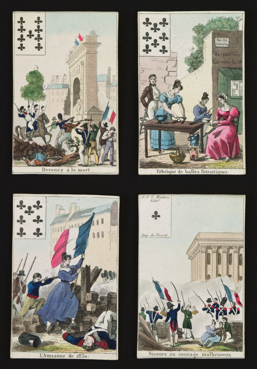 Four playing cards commemorating the heroes of July 1830 by French School