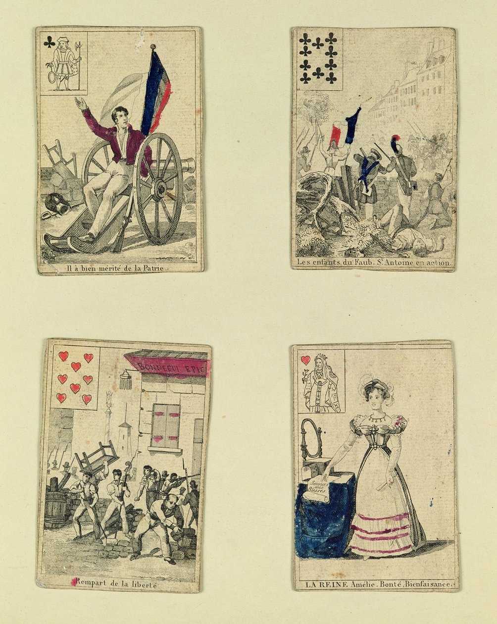 Four playing cards commemorating the heroes of July 1830, 1831 by French School