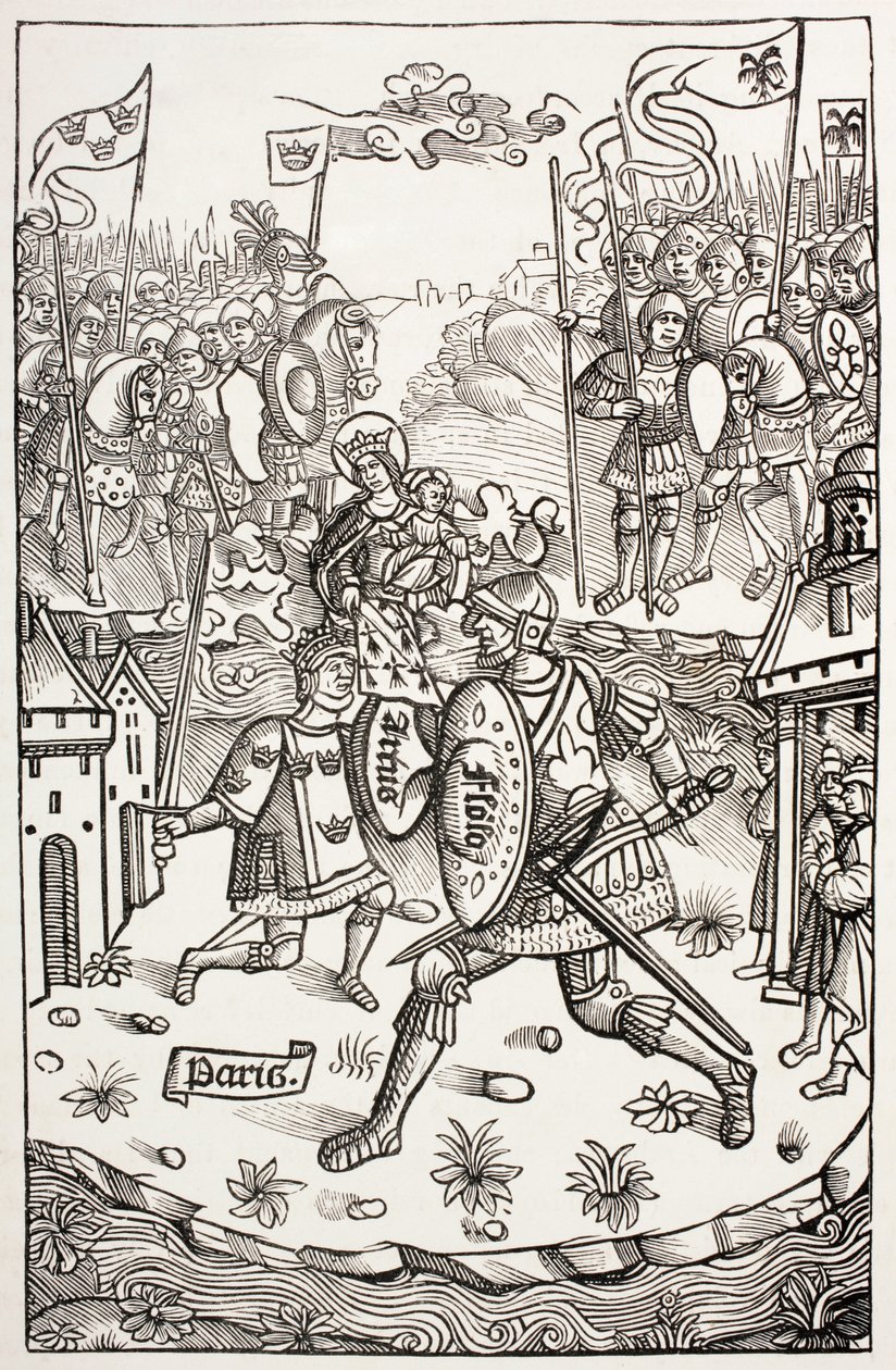 King Artus, protected by the Virgin, fighting a giant, from 