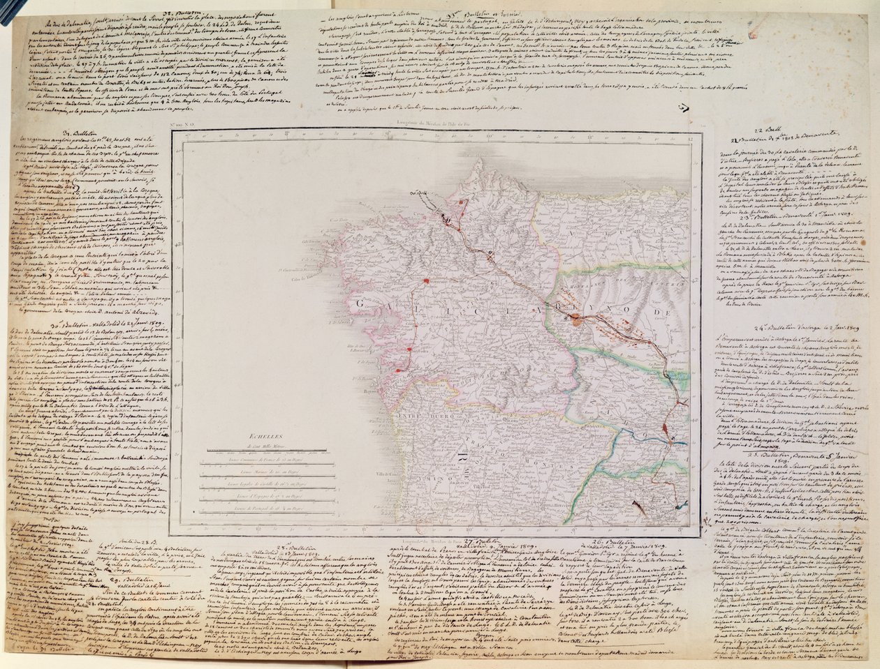 Map of Galicia with the route of the French army and a log, from the campaign in January, 1809 by French School