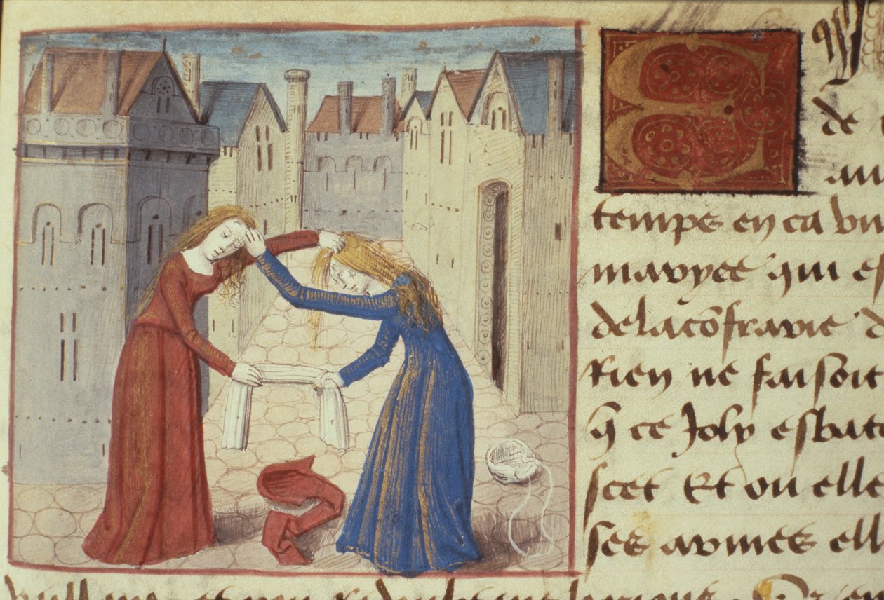 Two women fighting, from Les Cent Nouvelles Nouvelles, 1462 by French School