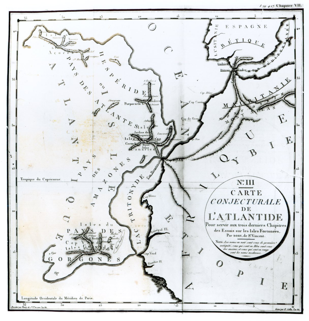 No. III Conjectural Map of the Island of Atlantis, Drawn by Bory of St-Vincent and Engraved by E. Collin by French School