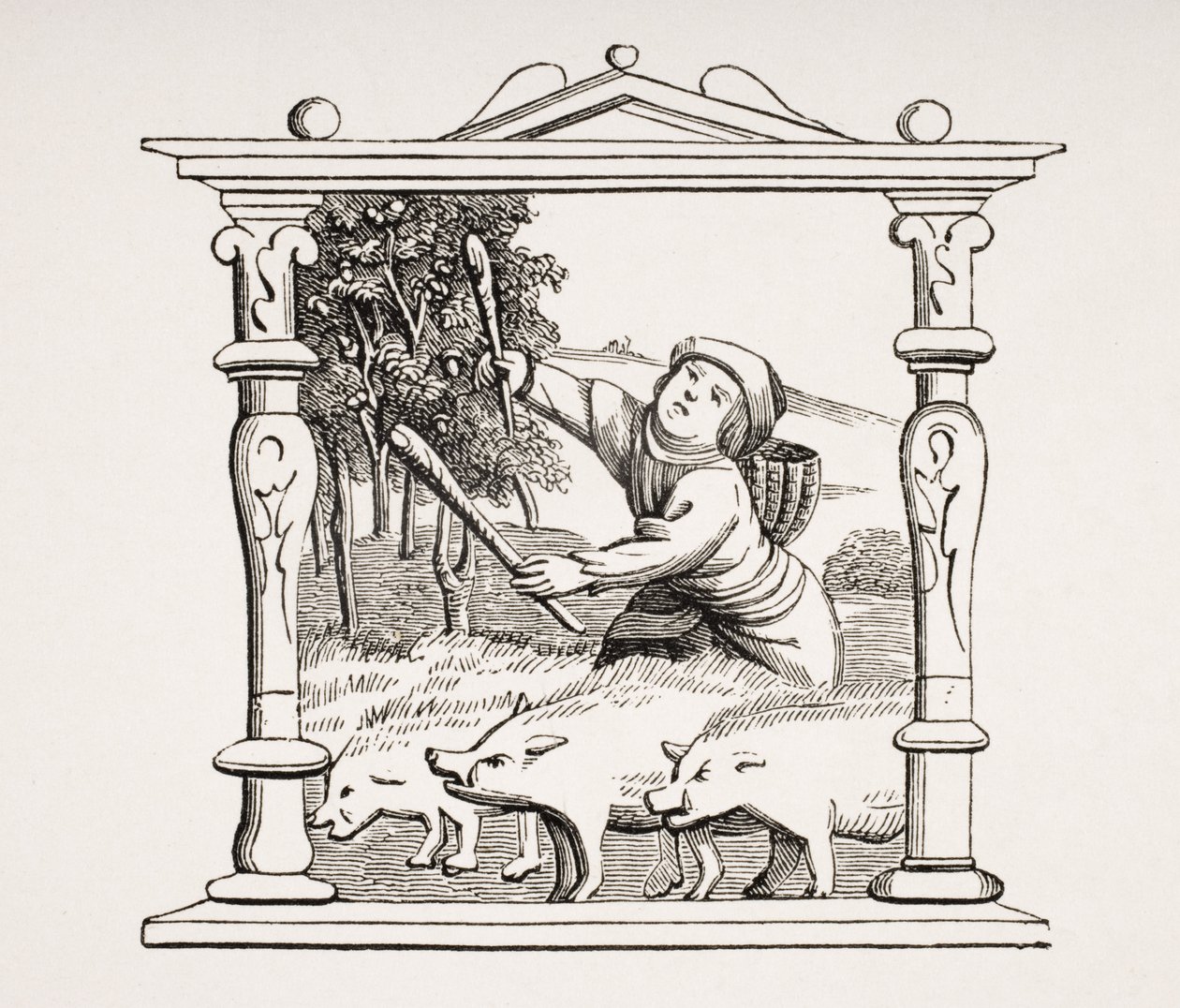 Swineherd with his herd of pigs, reproduction after a calendar in a book of hours, from 