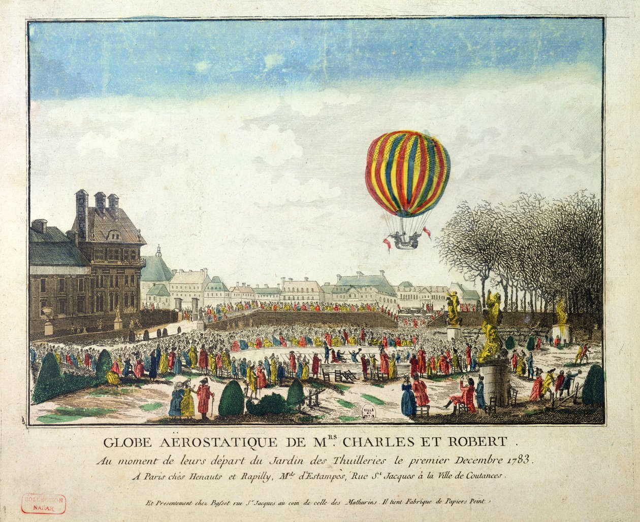 The Flight of Jacques Charles and Nicholas Robert from the Jardin des Tuileries, 1st December, 1783 by French School