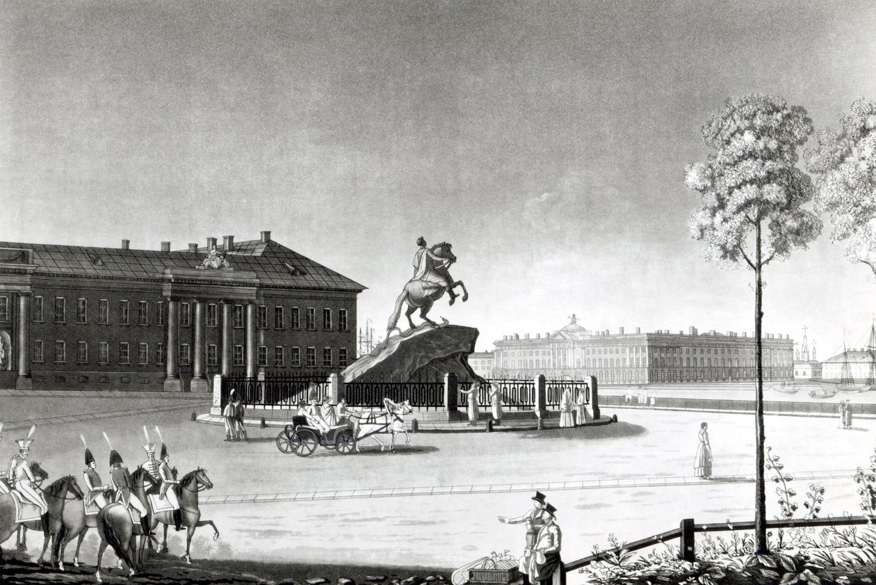 View of the Statue of Peter the Great in Senate Square, St. Petersburg by French School