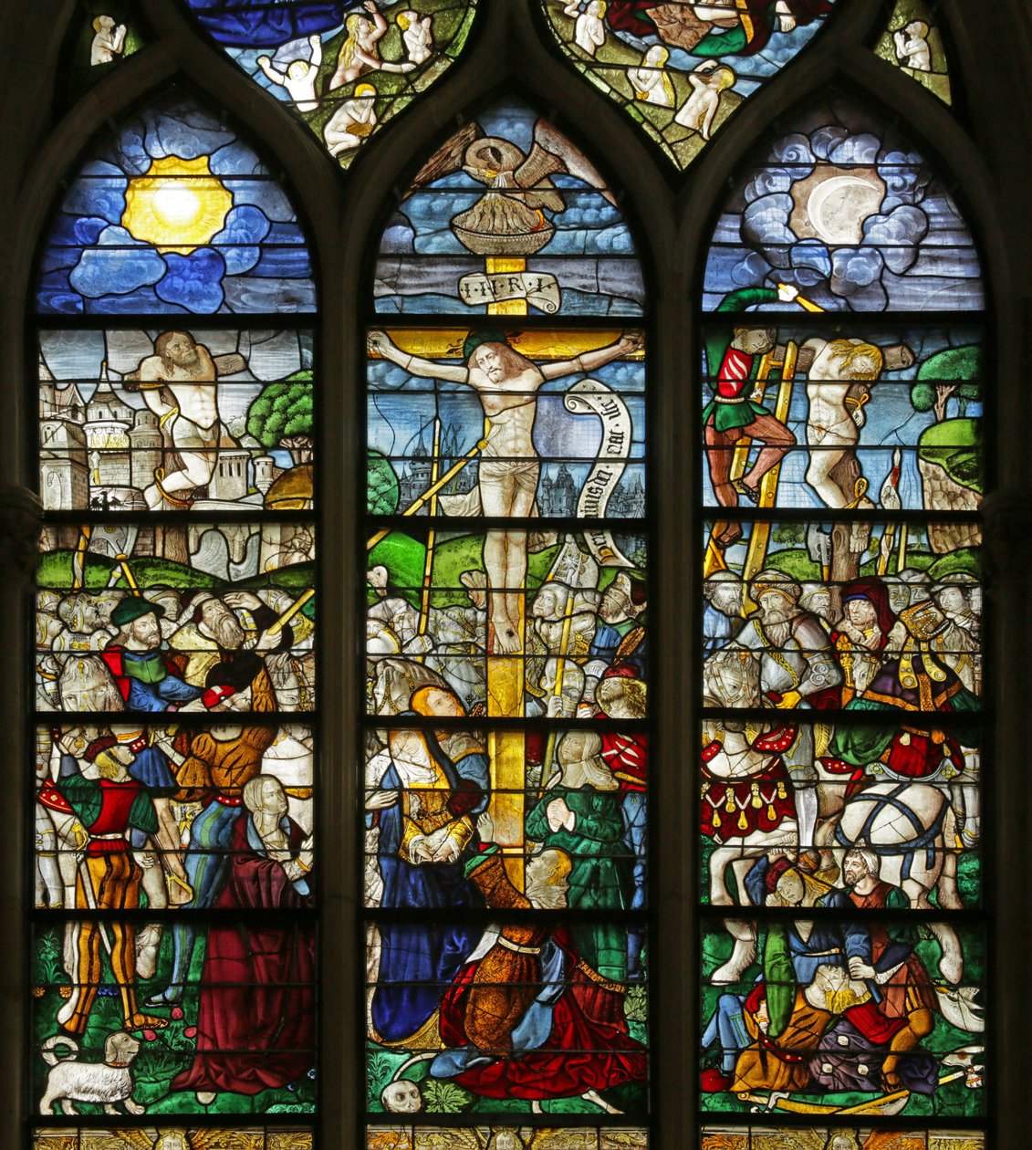 Window depicting the Crucifixion and Passion scenes (detail) by French School