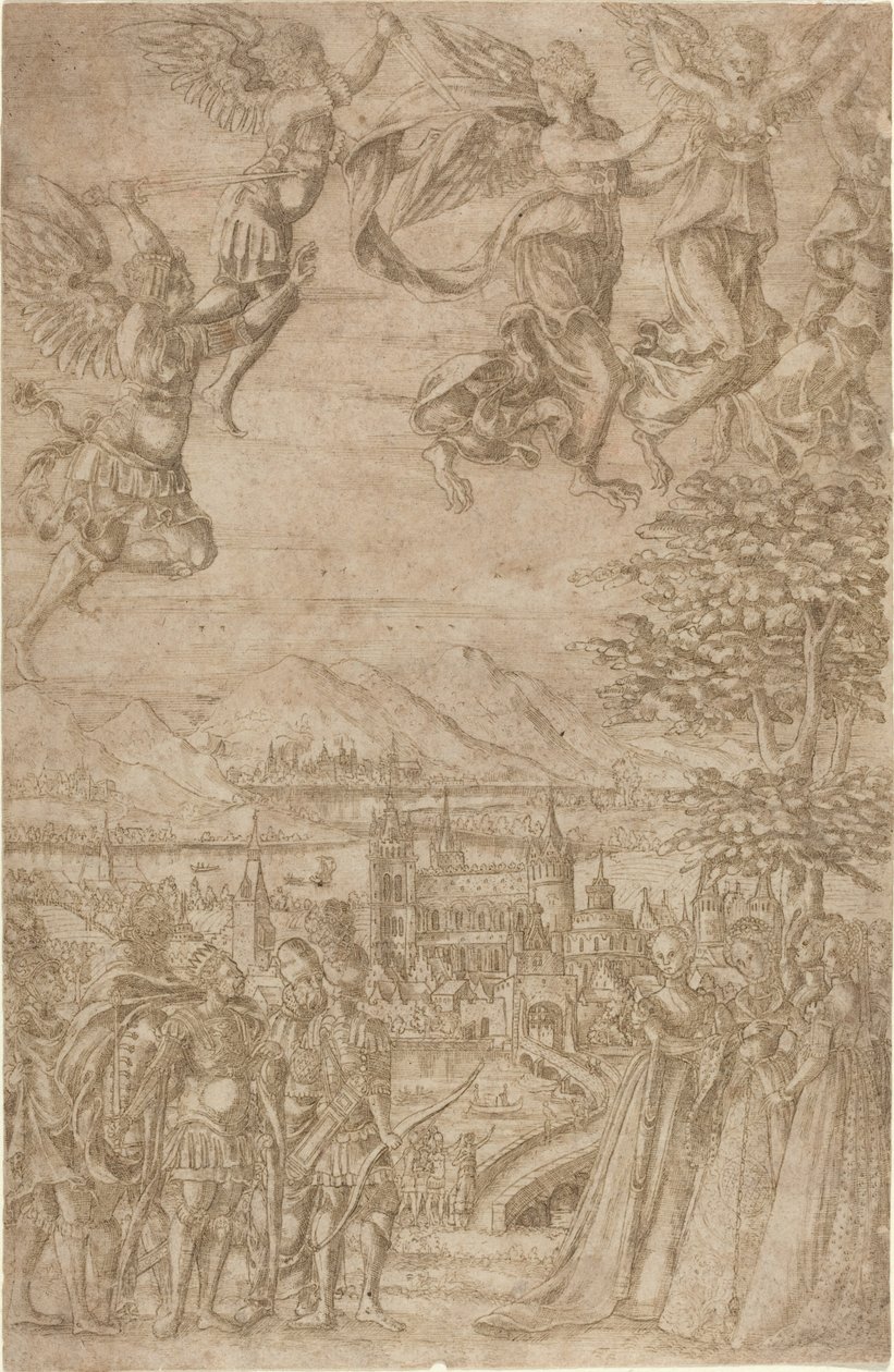 A King and His Retinue Confronting Ladies under a Celestial Battle by French 17th Century